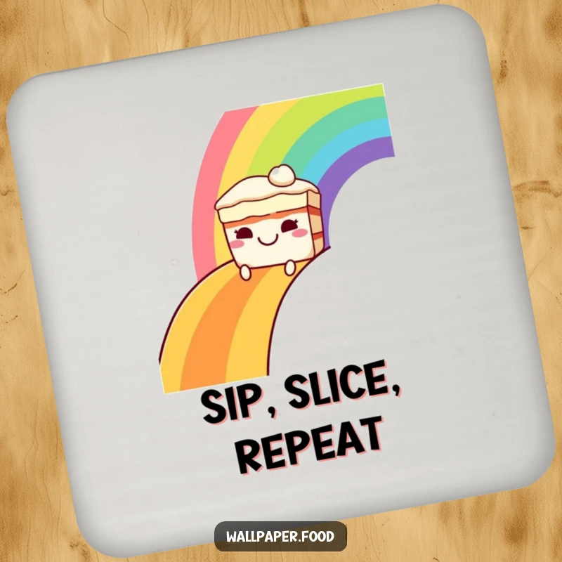 Funny drink coasters showcasing a grinning cake character sliding down a vibrant rainbow, adding sweet humor and protection to any table.