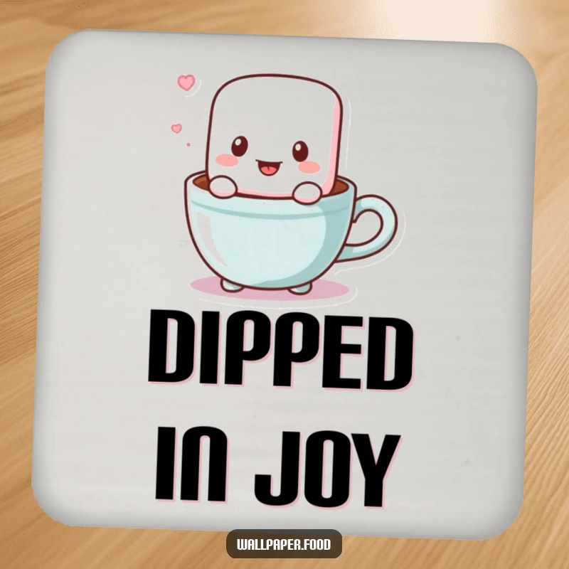 Funny drink coasters featuring a cute marshmallow character bouncing in a cocoa cup, providing protection and sweet humor for your beverages.