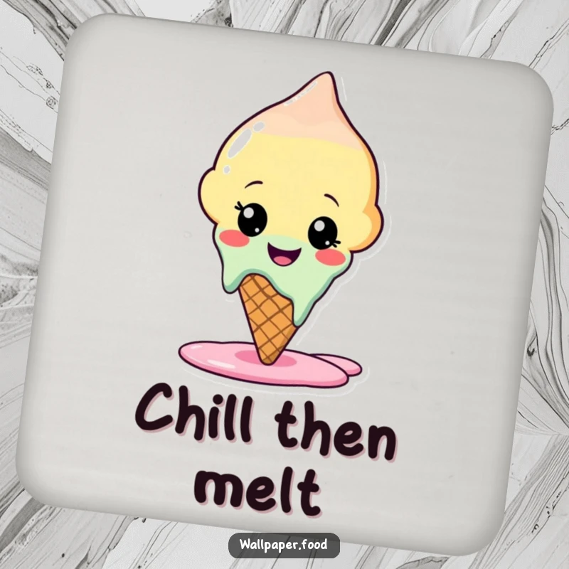 Funny drink coasters featuring a happy ice cream cone character melting slightly, providing protection and sweet, cool humor for your beverages.