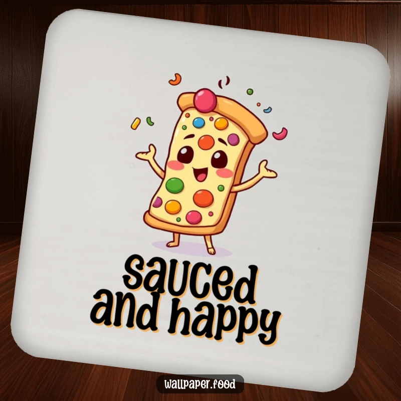 Funny drink coasters featuring a pizza slice character joyfully juggling colorful toppings, protecting surfaces with a fun and vibrant design.