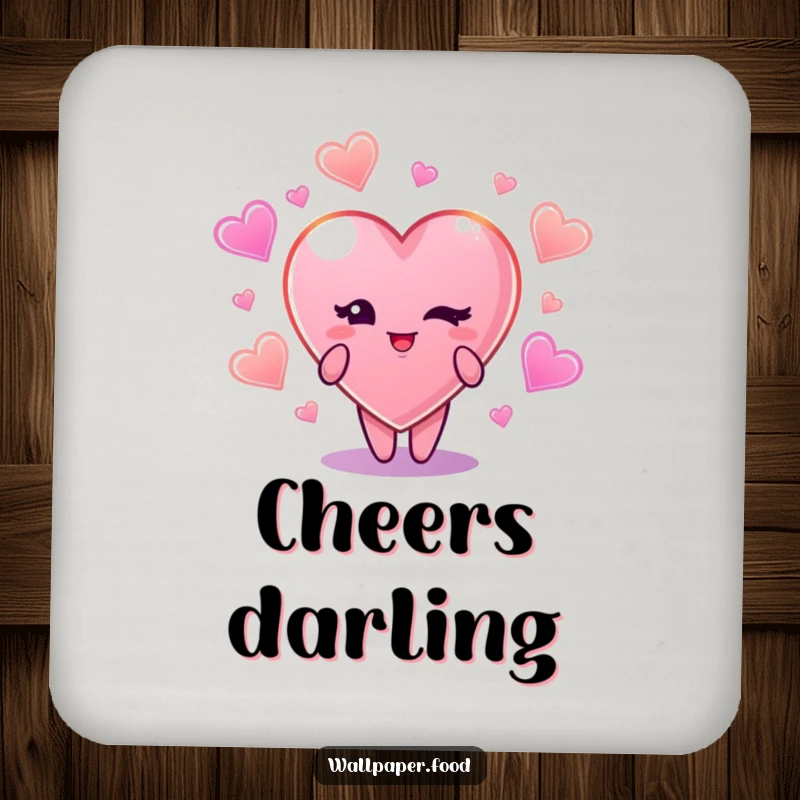 Funny drink coaster featuring a cute candy heart character winking, surrounded by glowing candy shapes, a sweet addition.