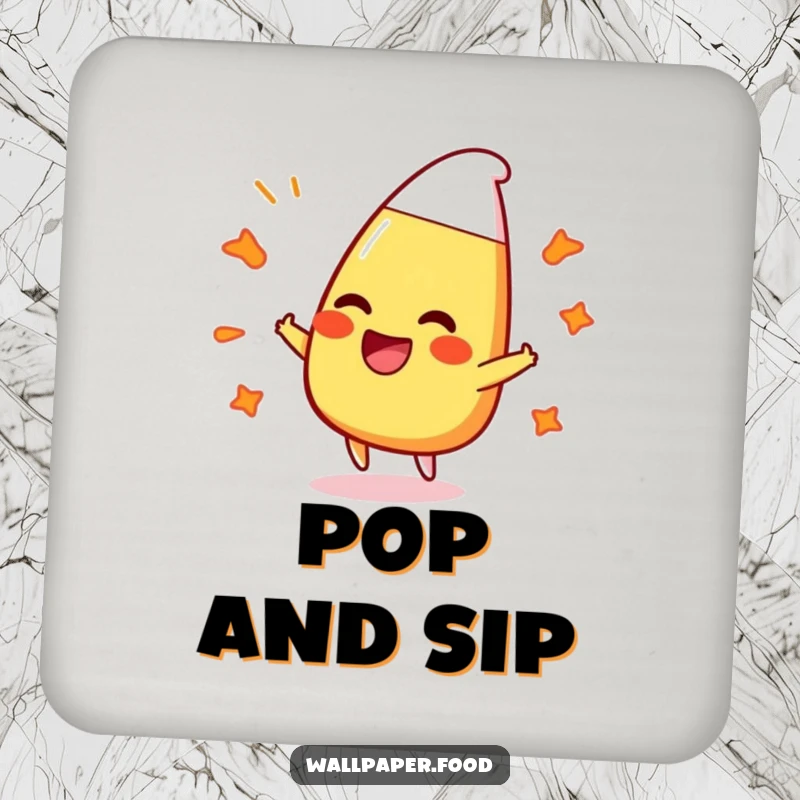 Funny drink coaster featuring a happy candy corn character laughing and bouncing off bubbly patterns, a fun addition.