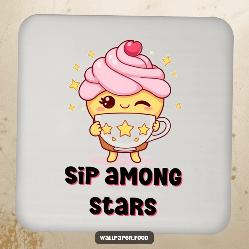 Funny cupcake coaster featuring a winking cupcake character offering a teacup made of stars, protecting your furniture.