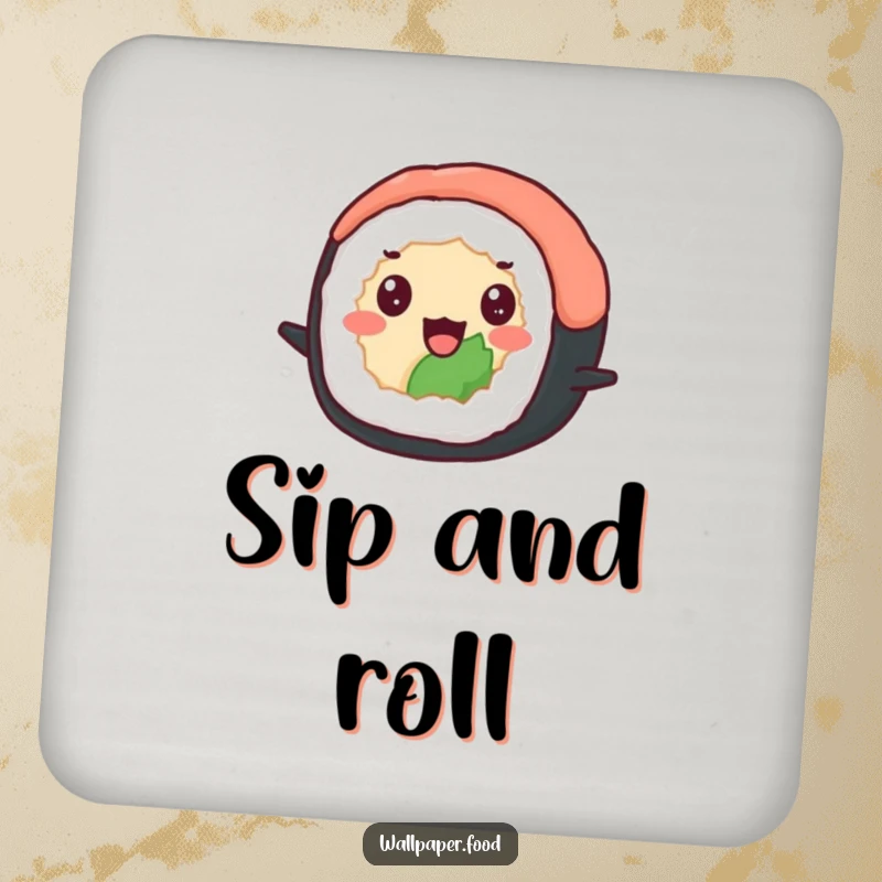 Funny coaster with a delighted sushi roll with beady eyes happily bouncing, adding cheerful flair and protecting surfaces. A funny gift.