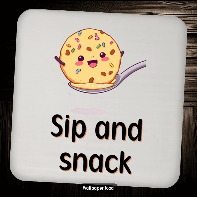 Funny coaster with a cookie with sprinkles enthusiastically jumping from a spoon, adding sweet flair and protecting surfaces. A funny gift.