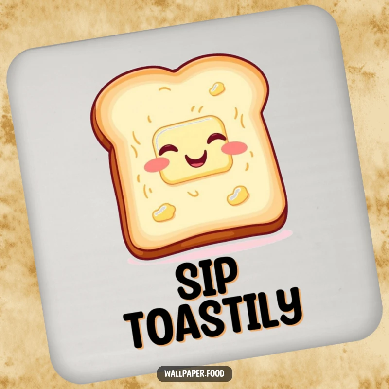 Set of funny toast and butter coasters, wiggling with glee, protecting surfaces with breakfast humor. Ideal funny gift.