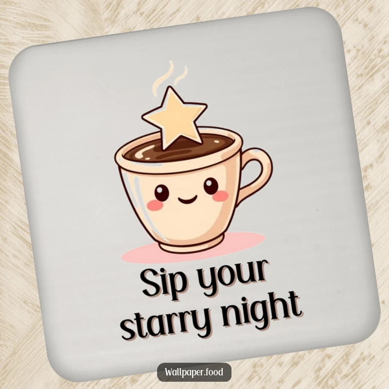 Funny drink coaster featuring a coffee cup character with steam artfully shaped like a star, adding a magical vibe.