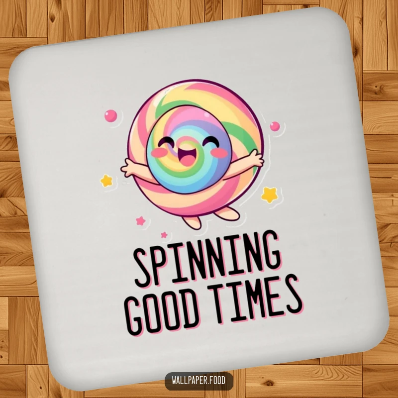 Funny candy character drink coaster, captured in a vibrant, joyful spin, protecting surfaces with cheerful style.