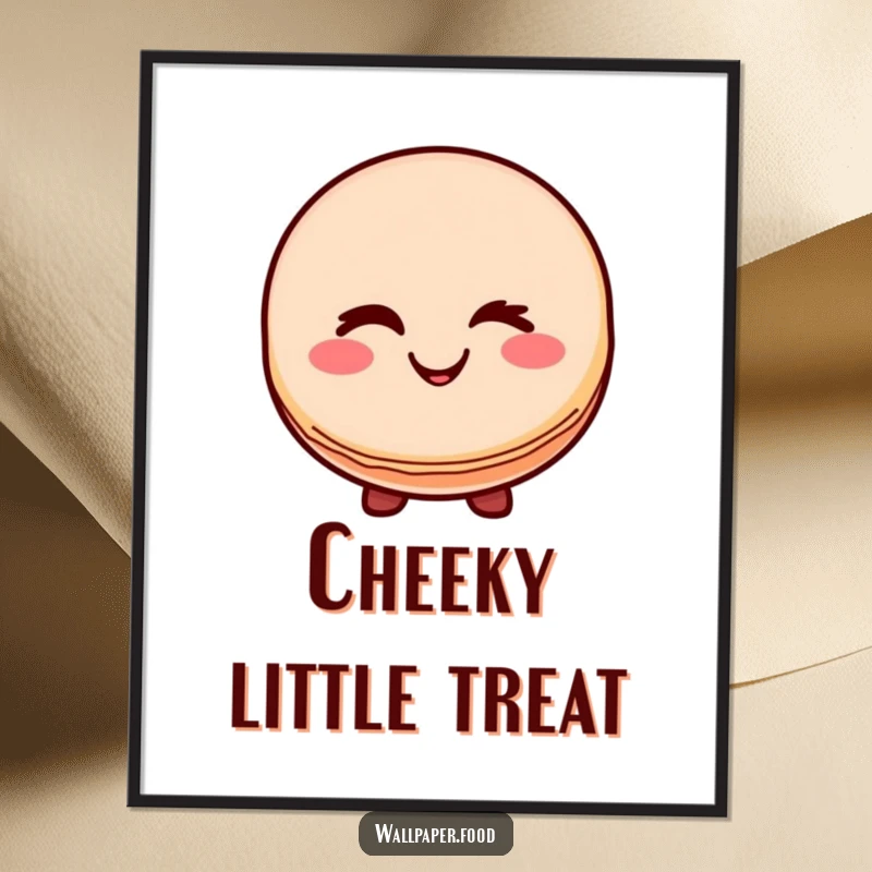 Funny poster art of a smiling macaron character giving a delightful wink, designed to bring smiles and a sweet, charming vibe.