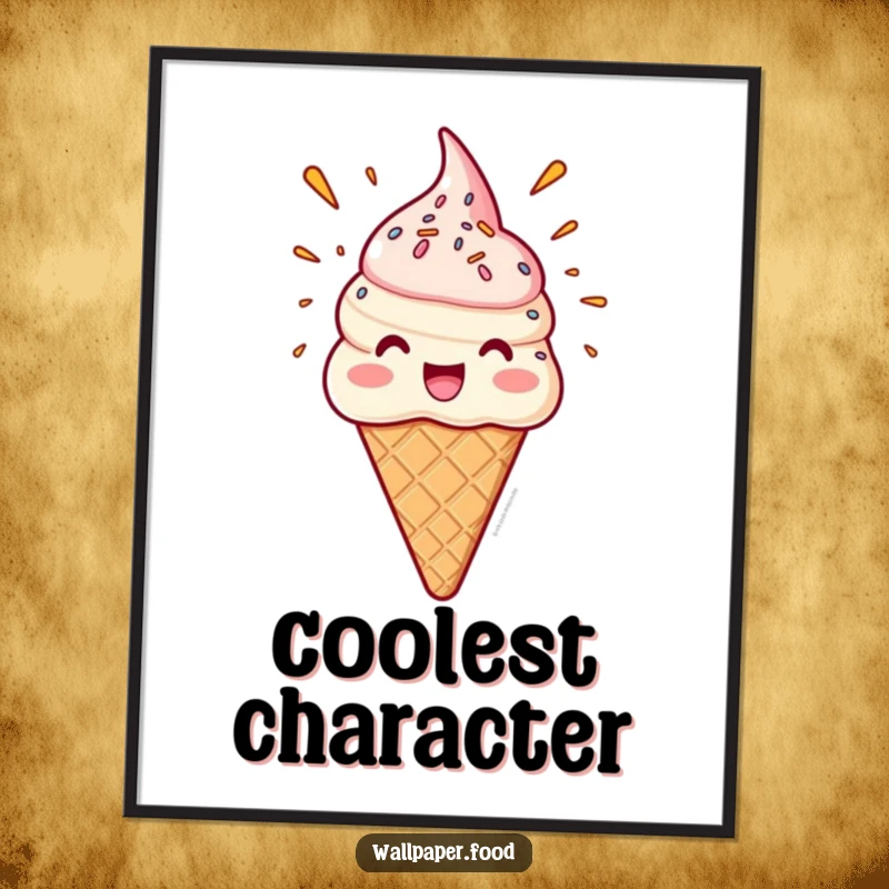 Funny poster art of a delighted ice cream cone character with a sprinkle eruption, adding a burst of sweet fun.