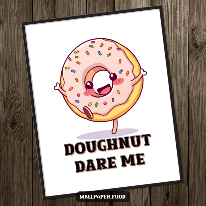 Funny donut poster character with colorful sprinkles captured mid-cartwheel, embodying pure joy and sweet delight. Ideal wall art.