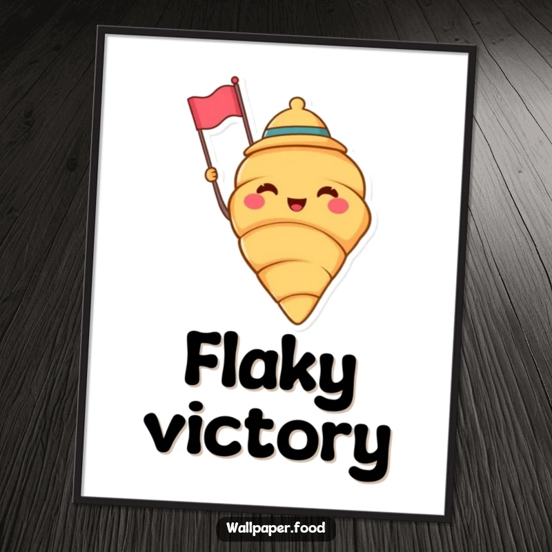 Funny poster of a cheerful croissant wearing a jaunty hat and waving a tiny flag, bringing vibrant baking energy and humor to decor. Funny gift.