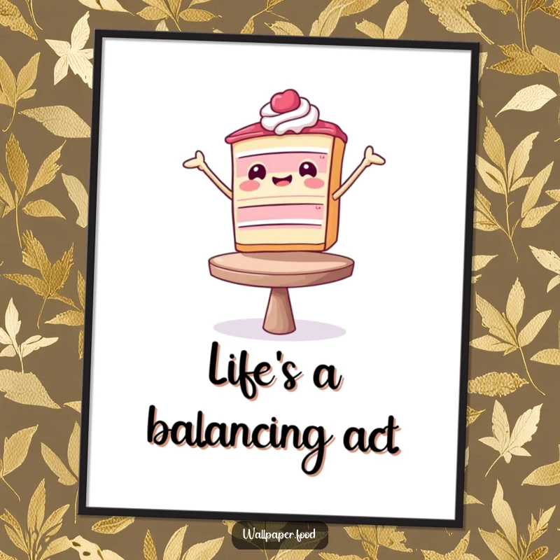Funny Poster: A delightful cake slice in a charming balancing act, adding humor and sweetness to wall decor.