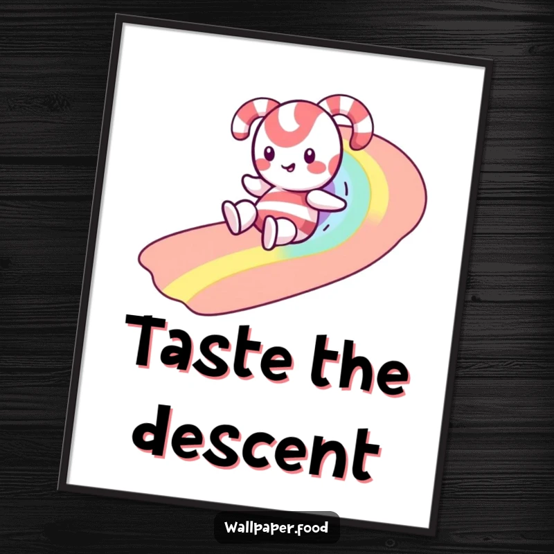 Funny poster depicting a cheerful candy cane character's thrilling slide down a vibrant rainbow constructed from tiny, delicious sprinkles.
