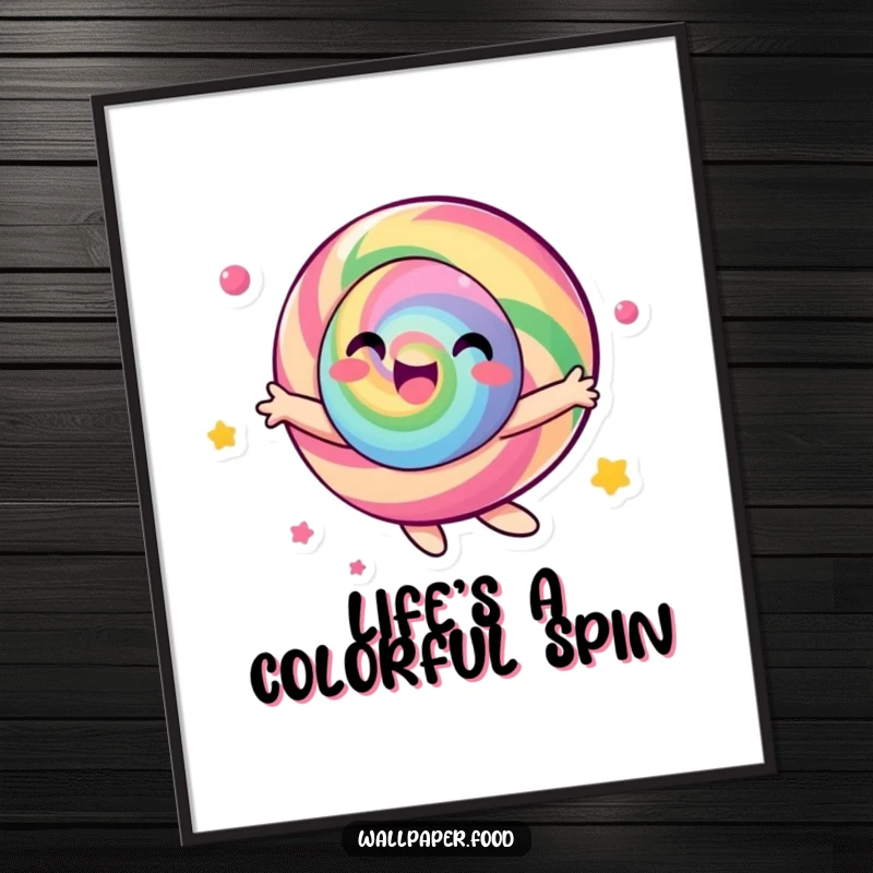 Funny candy character poster, captured in a joyful, energetic spin with a spectacular display of vibrant colors.