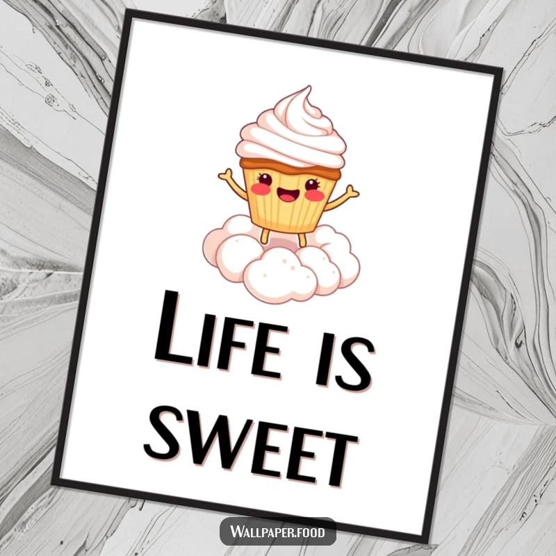 Funny poster showcasing a smiling cupcake character bouncing high on a fluffy cloud of whipped cream, radiating happiness.