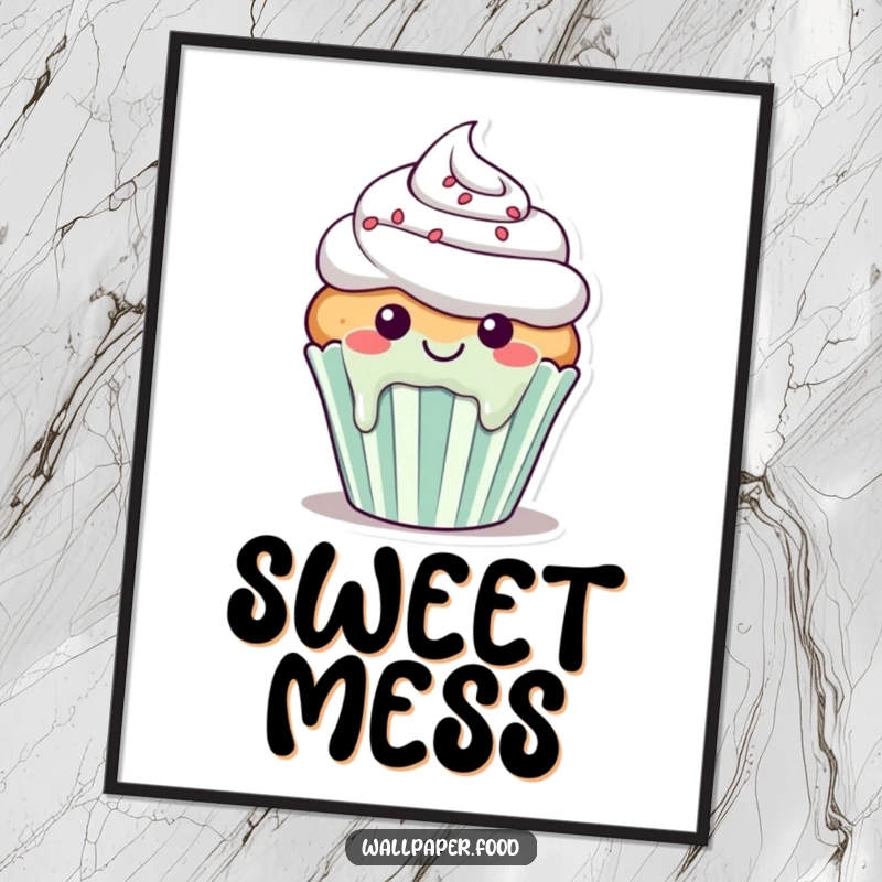 Funny poster art of a smiling cupcake character with icing happily dripping down its sides, looking joyful.
