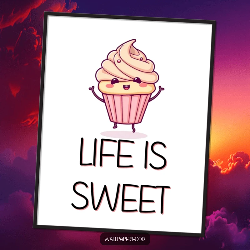Funny cupcake poster art of a cute character with frosting doing a whimsical spin, bringing sweet, delightful charm.