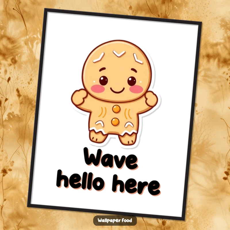 Funny gingerbread cookie character in a cheerful wave, bringing festive joy to any wall as a vibrant poster print.