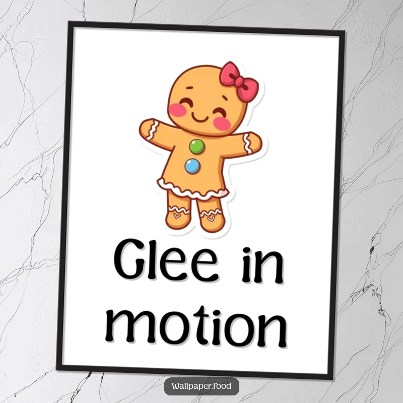 Funny poster art of a gingerbread person with candy buttons dancing with uninhibited glee, capturing a festive and joyful moment.