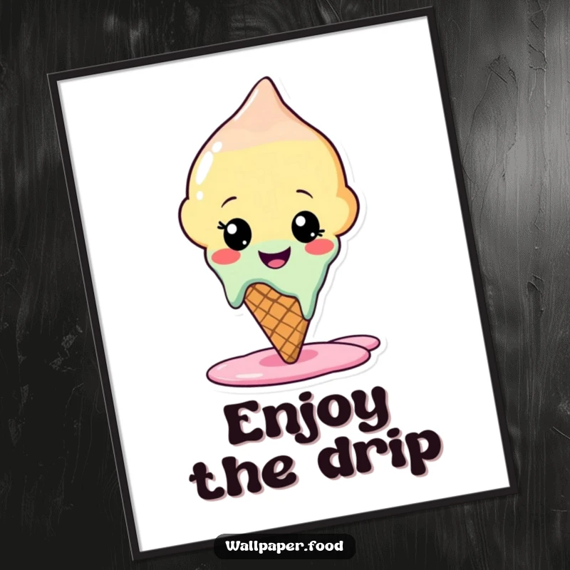 Funny poster art of a happy ice cream cone character melting charmingly, designed to bring smiles and a sweet, cool vibe.
