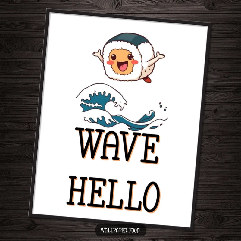 Funny sushi poster depicting a cheerful sushi roll character joyfully leaping over stylized wave patterns, capturing a sense of adventure.