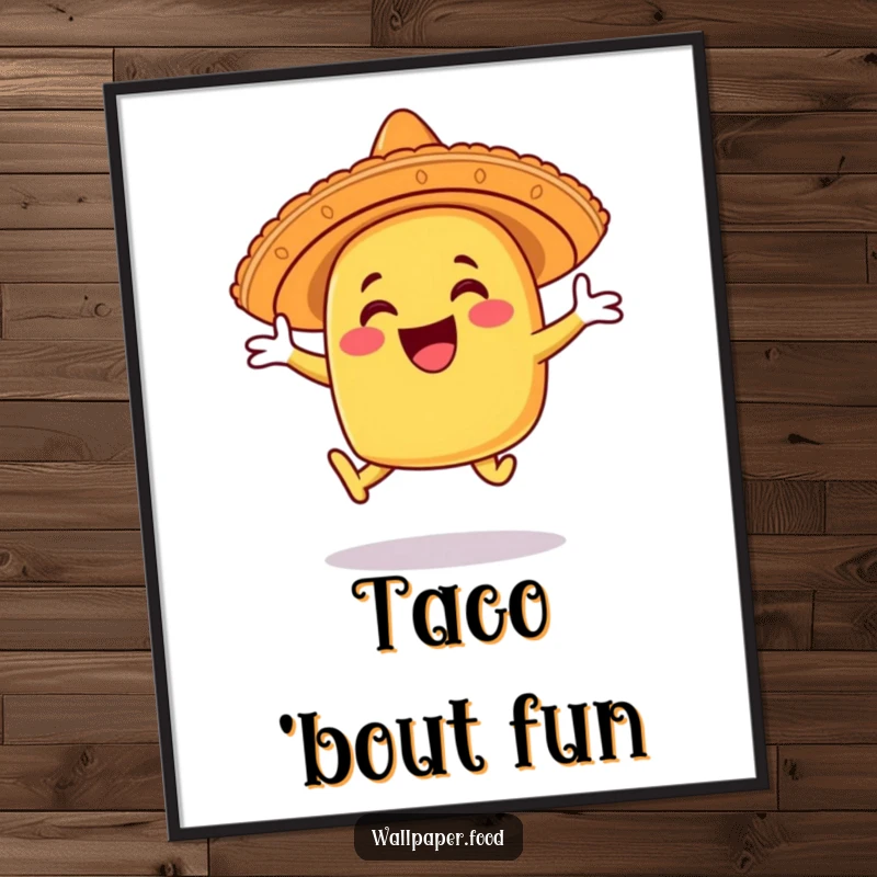 Funny taco poster character wearing a sombrero, captured in a joyous leap, exuding pure fiesta excitement. Festive artwork.