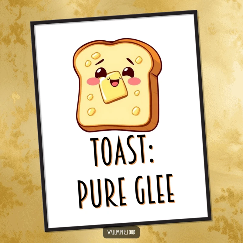 Funny poster art of a slice of buttered toast wiggling with glee, bringing cheerful breakfast vibes and humorous appeal to any wall.
