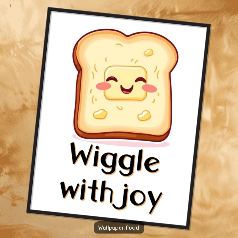 Funny toast and butter poster, wiggling with glee, adding vibrant breakfast humor to walls. Excellent funny gift.