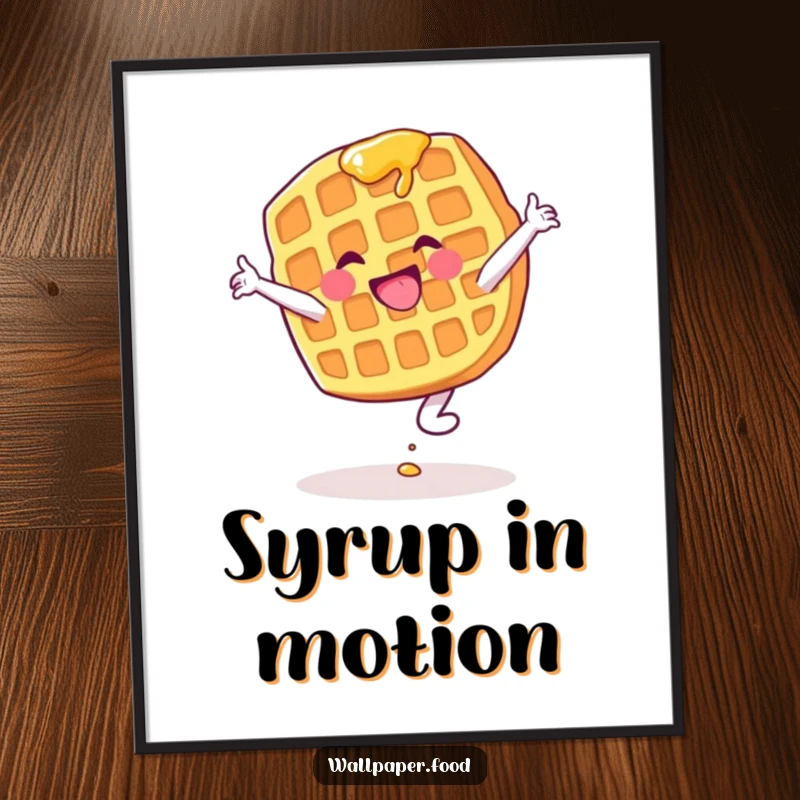 Funny poster art of a waffle character with dripping syrup doing a cartwheel, capturing a moment of delicious, comical action.