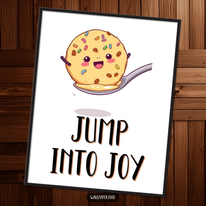 Funny poster of a cookie with sprinkles enthusiastically jumping from a spoon, bringing vibrant baking energy and humor to decor. Funny gift.