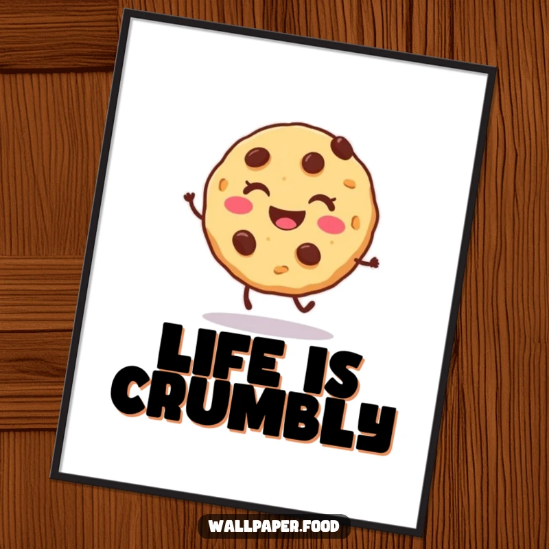 Funny cookie poster art of a smiling character with chocolate chips doing a joyful hop, bringing sweet, cheerful charm.
