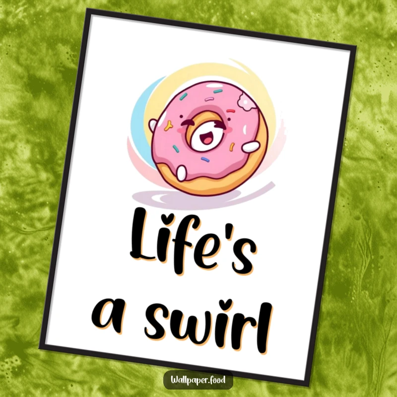 Funny donut poster depicting a happy donut character rolling with delight through a colorful swirl, celebrating pure happiness.