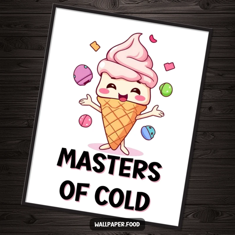 Funny Ice Cream Cone Poster, a whimsical character juggling multiple scoops, adding a burst of colorful, sweet joy.