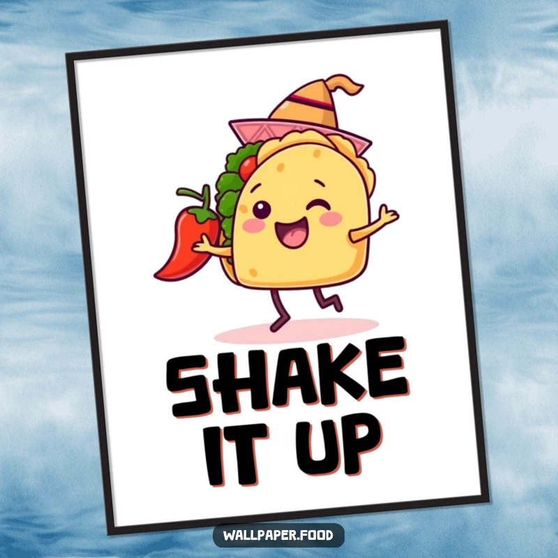 Funny poster of a grinning taco in a hat dancing playfully with a chili pepper, capturing the essence of a joyful fiesta.