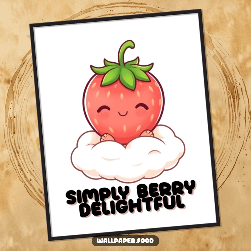 Funny blushing strawberry character sitting on a fluffy cream cloud, perfect as a sweet and funny poster.
