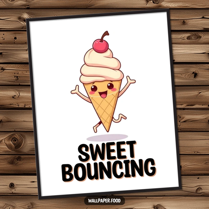 Funny poster of a hopping ice cream cone with a cherry on top bouncing, vibrant and sweet for decor.