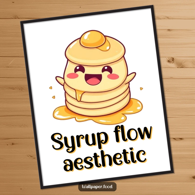 Funny Poster: A happy pancake character joyfully sloshing in syrup, embodying pure breakfast joy and messy, delightful fun for wall art.