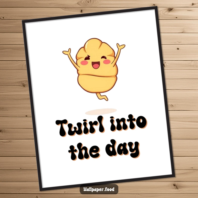 Funny Poster: A happy croissant character performing a graceful pirouette, embodying pure joy and artistic movement for wall decor.