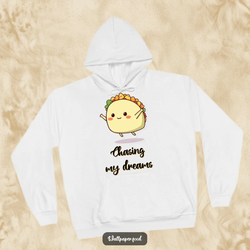 Funny hoodie showcasing a cheerful taco character executing a daring mid-air split, radiating fun and energetic vibes.