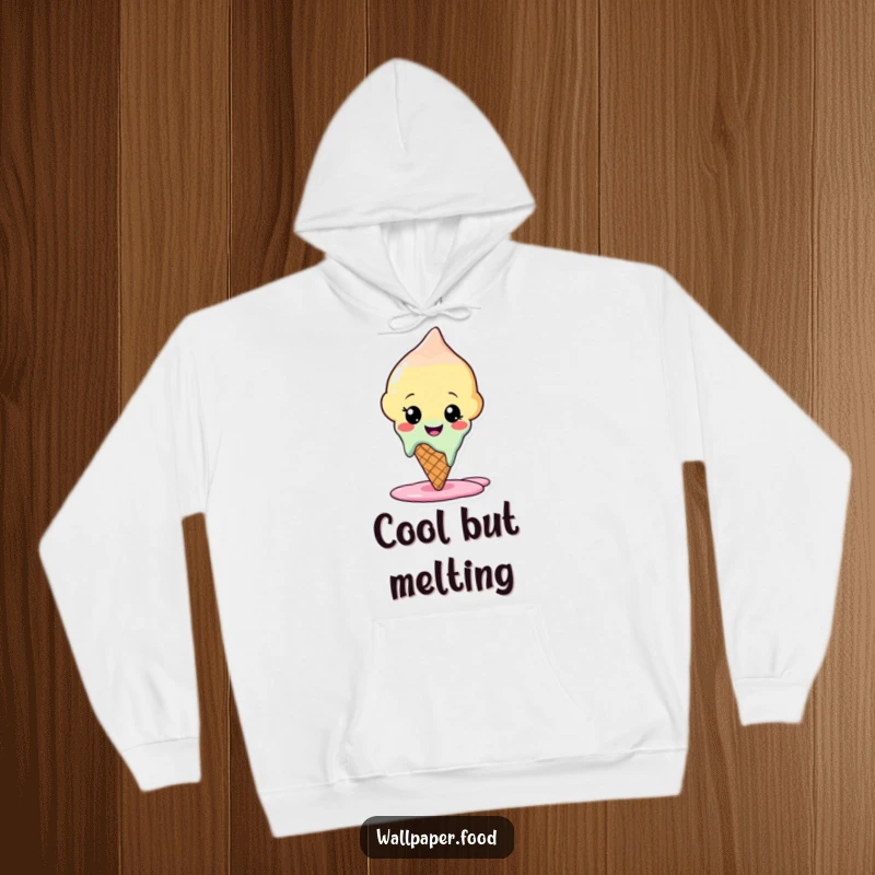 Funny hoodie featuring a happy ice cream cone character melting adorably, offering comfort and a sweet, humorous vibe.