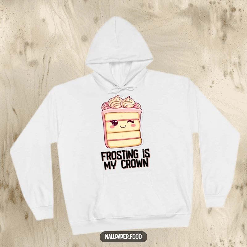 Funny hoodie showcasing a cheerful cake slice character complete with elegant frosting swirls, radiating warmth and joy, ideal for cozying up.