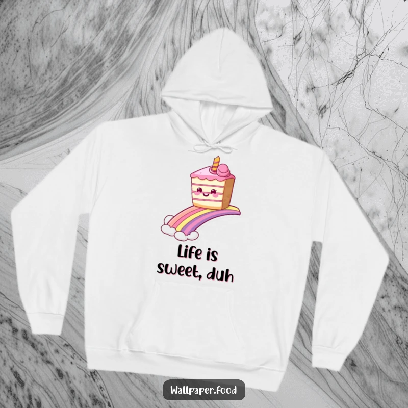 Cozy funny grinning cake hoodie sliding down a rainbow, perfect for staying warm with sweet humor. Ideal funny gift.