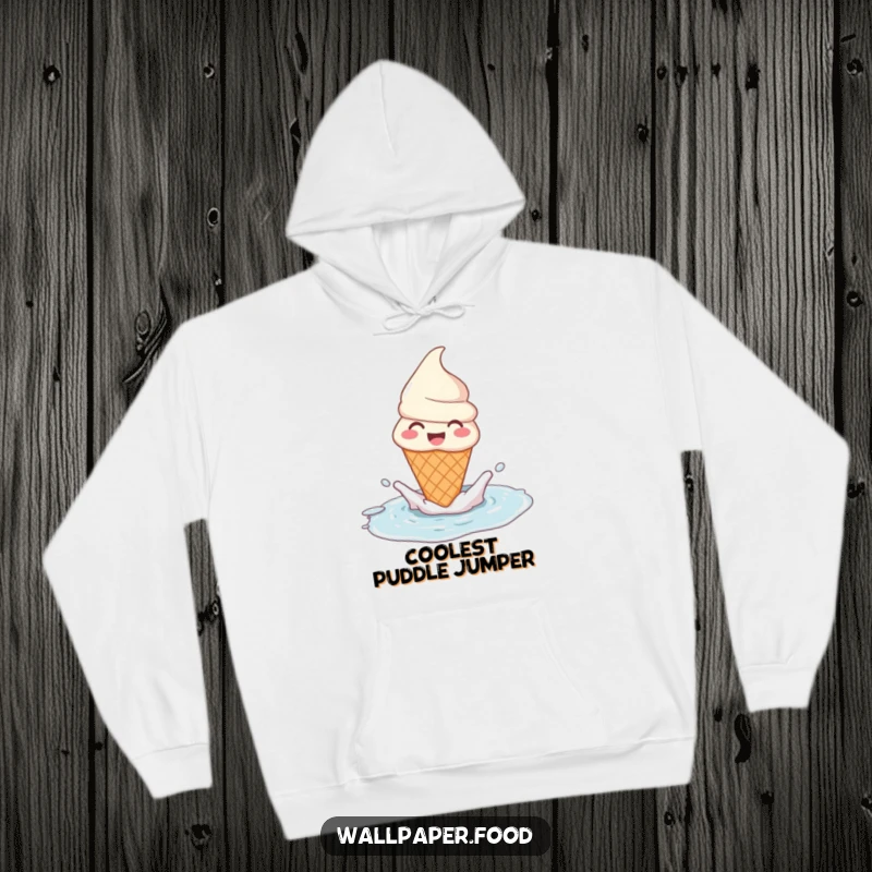Funny ice cream cone hoodie character caught mid-splash in a puddle, radiating pure, unadulterated happiness. Cozy and humorous.