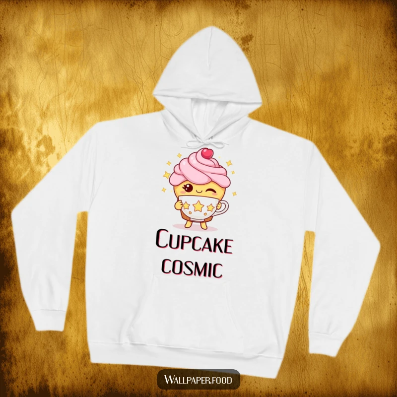 Funny cupcake hoodie featuring a winking cupcake character offering a celestial teacup made of stars, radiating warmth and wonder.