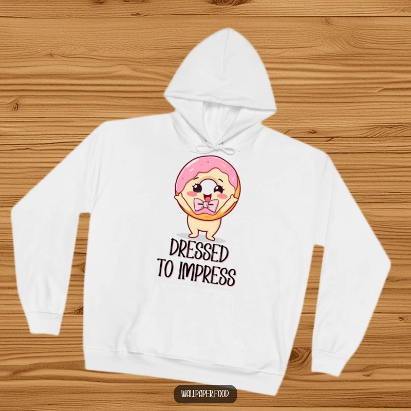 Funny hoodie featuring a delightful donut in a bow tie, striking an exaggerated and dramatic pose with playful confidence.