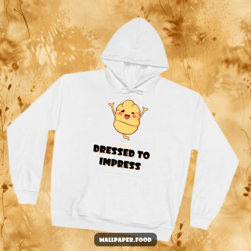 Funny Hoodie: A joyous croissant character performing a pirouette, offering cozy comfort and a charming, artistic flair.