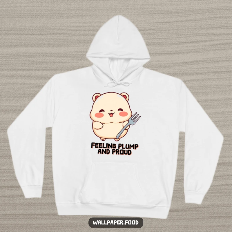 Funny hoodie depicting a proud dumpling with rosy cheeks, holding a small fork, offering cozy comfort and adorable foodie vibes.