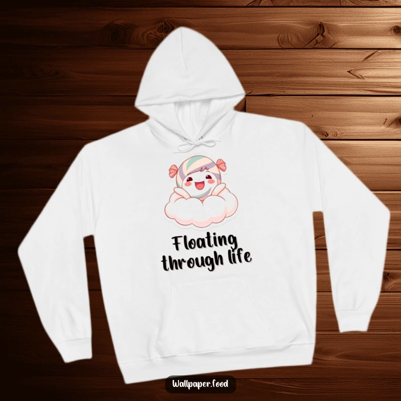 Funny Hoodie: A happy candy character drifting on a sugary cloud, offering cozy comfort and a dreamy, humorous aesthetic.