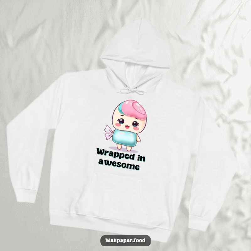 Funny cozy hoodie featuring a charming candy character with a shimmering wrapper, perfect for adding sparkle and comfort.